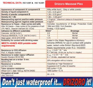 Drizoro Maxseal Flex – Cementitious Flexible Waterproofing membrane safe for use with potable water